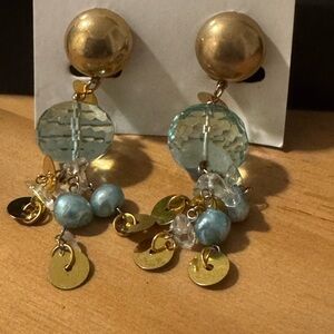 Vintage Blue and Gold Gemstone Classic Drop Chain Antique Clip On Earrings